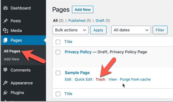 Sample Page Delete after installing WordPress